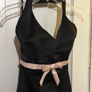 Halter Neck Black and Pink Floor Length Prom Dress with Lace Accent